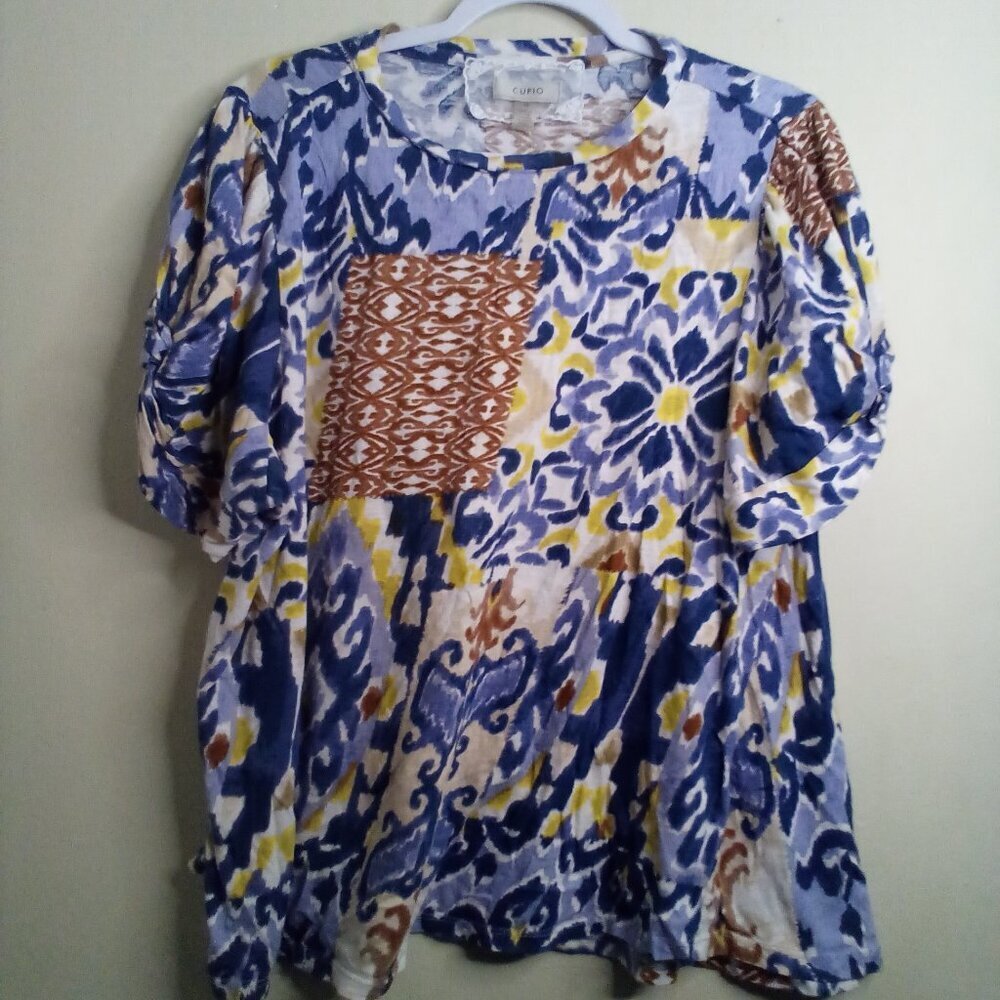 Cupio Blouse Women 2X Short Sleeve Soft Pattern Blue Brown Yellow